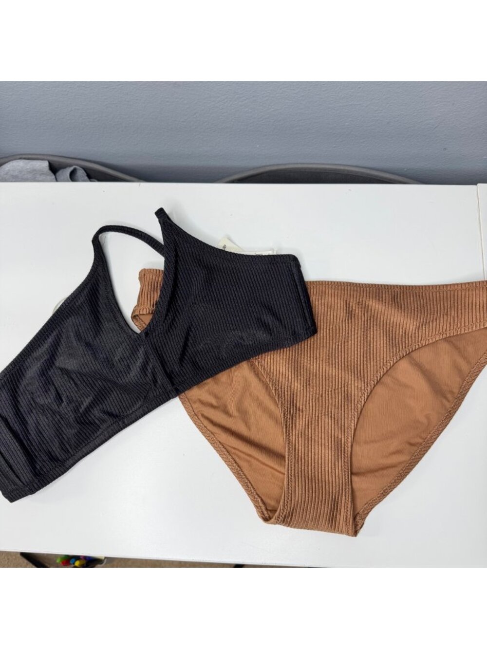 AERIE rib shine black one shoulder bandeau bikini & full coverage bikini bottom